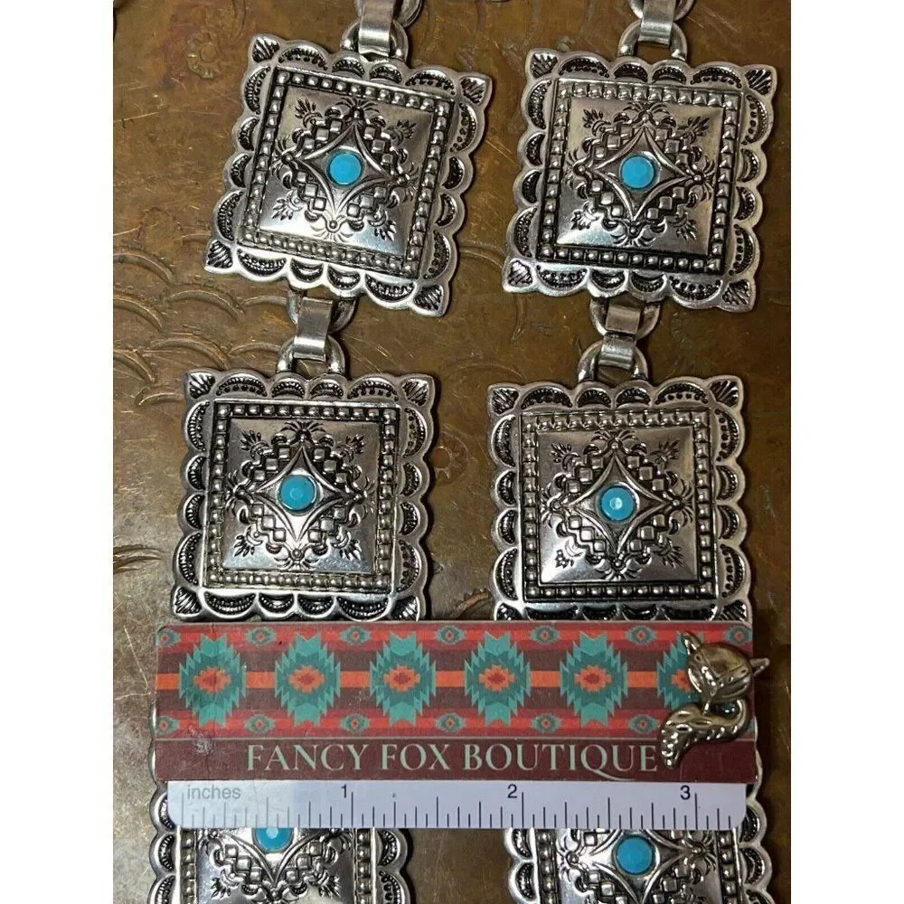 Concho Southwest Silver Unisex Chain belt adjustable to 52” Faux Turquoise new - Picture 9 of 10